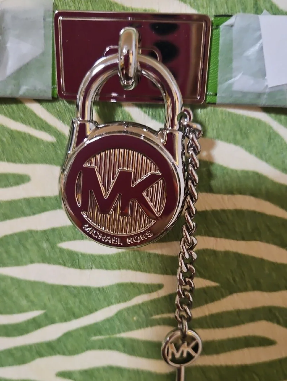 New Michael Kors Green & White Zebra-Print Leather Satchel